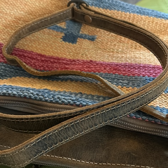 Myra Crossbody Bag Leather & 100% Cotton Woven Colorful Front Yellow,Blue,Red - Picture 8 of 14